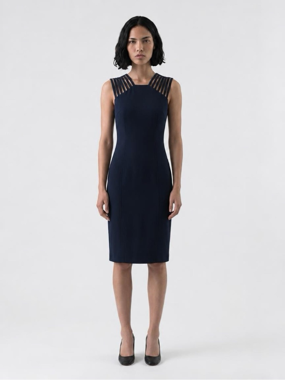 ANTONIO MELANI Dark Navy Strappy Midi Sheath Dress